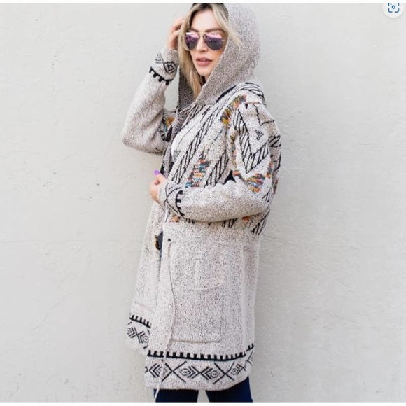 Aztec Print Hoodie Cardigan with Waist Drawstring - Picture 2 of 4